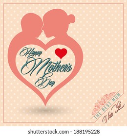 Silhouette of a mother with her child in pink heart with text celebration of Happy Mothers Day