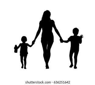 Silhouette of a mother with her children's hands. Vector.