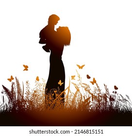 Silhouette mother and her daughter in her arms  Mother's Day  at sunset  Vector illustration