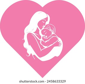 Silhouette of a mother with her son inside a pink heart