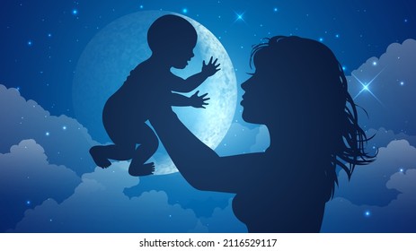 Silhouette of a mother holding a baby against the background of the moon and starry sky