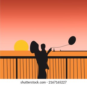 Silhouette mother holding balloon with son in the sunset near river. holiday. vector illustration flat design. Mother day concept.