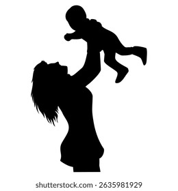 Silhouette of a mother is holding her baby high in the air against a  transparent background, creating a heartwarming and tender moment ideal for family and parenting content.