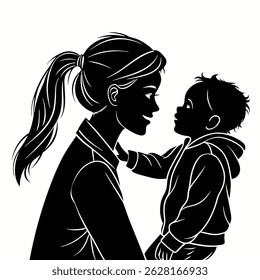 a silhouette of a mother holding her child, both gazing lovingly at each other. the image captures a tender, loving moment between parent and child