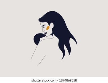 Silhouette of mother holds her baby son or daughter in her arms. Young woman kisses her child and snuggles him. Festive vector illustration