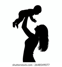 Silhueta da mãe adoravelmente levantando seu bebê alto