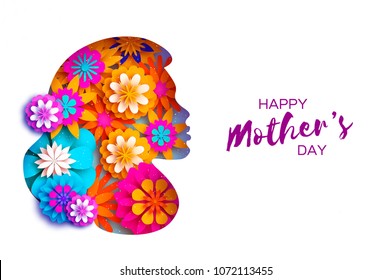 Silhouette of a mother in paper cut style. Happy Mothers Day celebration. Bright Origami Flowers. Spring blossom.Space for Text. Vector