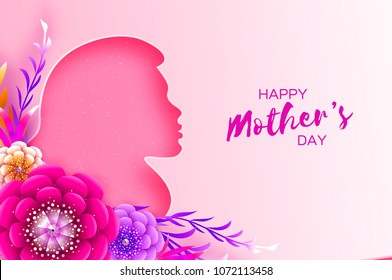 Silhouette of a mother in paper cut style. Happy Mothers Day celebration. Bright Origami Flowers. Spring blossom on pink. Space for Text. Vector