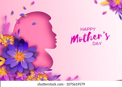 Silhouette of a mother in paper cut style. Happy Mothers Day celebration. Bright Origami Flowers. Spring blossom on pink. Space for Text.