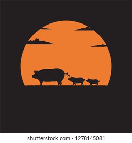 Silhouette mother Pig with little piglets walking on meadow of sunset background, Concept happy new year 2019, Vector illustration flat