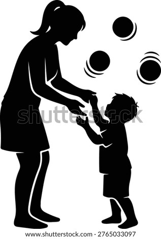 Silhouette mother playing with her young child and soap bubbles design vector