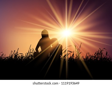 Silhouette of a mother and son against a sunset sky