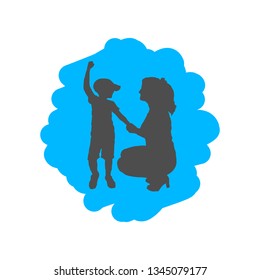 Silhouette of mother and son. The women sat down and held the boy's hand. The child raised one fist up as a winner. Concept on a blue abstract background.