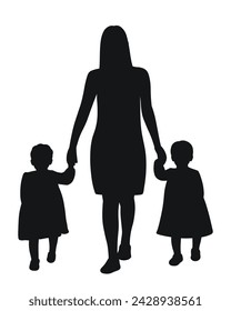 Silhouette of mother with twins, family walk, mom and sisters holding hands isolated vector