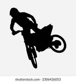 silhouette of a motocross racer doing a stunt, jumping. isolated on white background. graphic vector illustration.