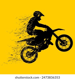 silueta del piloto de motocross que levanta la vista lateral del neumático delantero desvanece la Ilustración vectorial