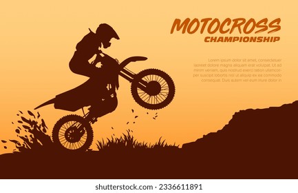 Silhouette of motocross rider on the track. Vector illustration of moto trail rider.