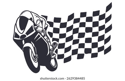 Silhouette of motorcycle race biker with racing flag vector illustration isolated in white background. Motorbike rider, Motorcycle racing championship