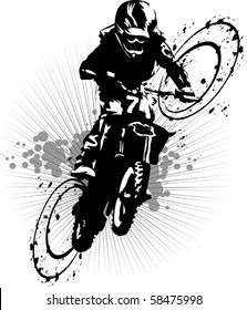 A silhouette of a motorcycle racer commits high jump;