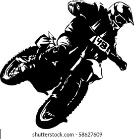 A silhouette of a motorcycle racer commits high jump