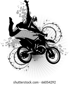 A silhouette of a motorcycle racer commits high jump;