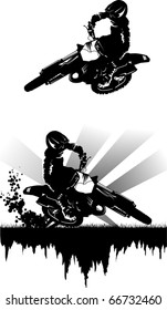 A silhouette of a motorcycle racer commits high jump;