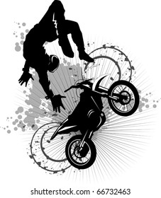 A silhouette of a motorcycle racer commits high jump;