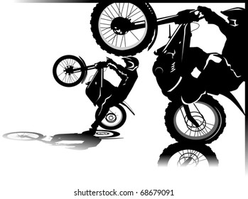 A silhouette of a motorcycle racer commits high jump;