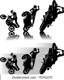 A silhouette of a motorcycle racer commits high jump;