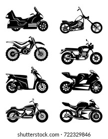 Silhouette of motorcycles. Vector monochrome illustrations set. Black white motorbike speed, chopper transport