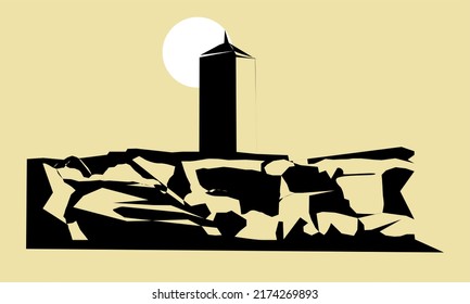 Silhouette of MOUNT ARAFAT - MECCA, SAUDI ARABIA - JABAL RAHMAH image under the full moon. Vector illustration of Ramadan Kareem greeting card, Eid Mubarak poster and banner concept. Editable eps10.