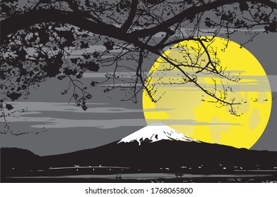 The silhouette of Mount Fuji and the cherry blossoms at night with a beautiful full moon