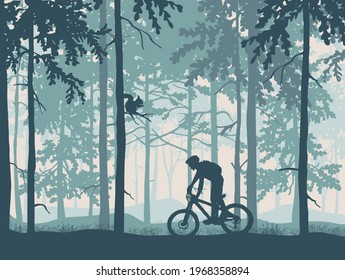 Silhouette of mountain bike rider in magical misty forest. Wild nature landscape. Squirrel on branch. Blue illustration.