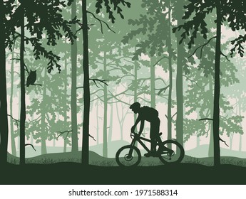 Silhouette of mountain bike rider in magical misty forest. Wild nature landscape. Owl on branch. Green illustration.