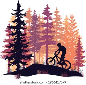 Silhouette of mountain bike rider in wild nature landscape. Forest background. Gray and green illustration.