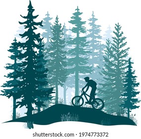 Silhouette of mountain bike rider in wild nature landscape. Forest background. Blue illustration.