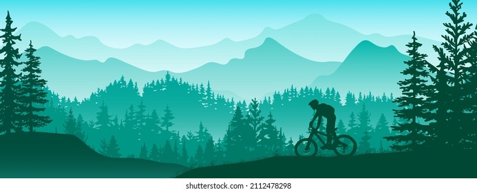 Silhouette Of Mountain Bike Rider In Wild Nature Landscape. Mountains, Forest In Background. Magical Misty Nature. Blue And Green Illustration.