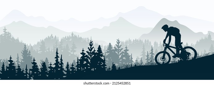 Silhouette of mountain bike rider in wild nature landscape. Mountains, forest in background. Magical misty nature. Blue illustration.