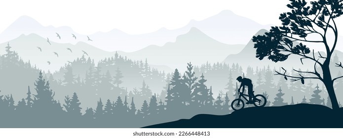 Silhouette de ciclista de montaña en un paisaje natural salvaje. Montañas, bosque en segundo plano. Naturaleza mágica y neblina. Ilustración gris.