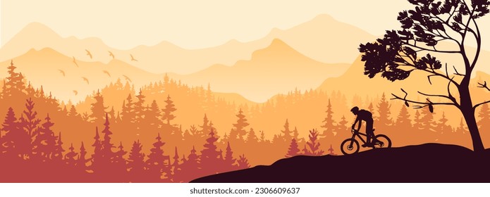 Silhouette of mountain bike rider in wild nature landscape. Mountains, forest in background. Magical misty nature. Orange illustration.