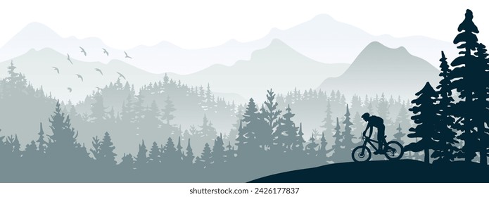 Silhouette of mountain bike rider in wild nature landscape. Mountains, forest in background. Magical misty nature. Gray illustration.