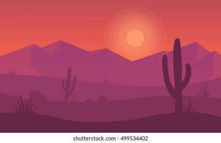Silhouette of mountain and cactus landscape vector