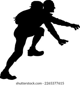 Silhouette of a mountain climber with a heavy backpack climb upwards, isolated against white. Vector illustration.