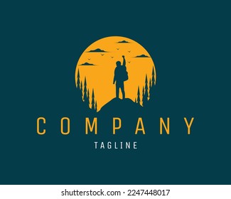 silhouette mountain climber logo. premium design with amazing night sky view. Best for badge, emblem, concept, t-shirt and sticker design. available eps 10.