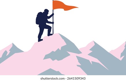 Silhouette of mountain climber planting red flag on snowy peak, symbolizing achievement and success in cold environment. Minimalist style with contrast colors creates inspiring mood.