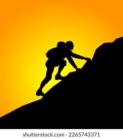 Silhouette of a mountain climber traverse up a steep hill with a heavy backpack against crepuscular light for the concept of determination. Vector illustration. 