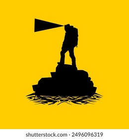 silhouette of a mountain climber wearing a hoodie carrying a carrier holding a tracking pole wearing a head lamp on the head vector