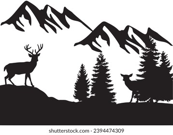 Silhouette - Mountain and Deer-Black White