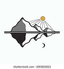 the silhouette of the mountain during the day and the reflection of the mountain at night