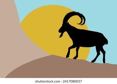 La silueta de una cabra de montaña, un carnero contra el fondo de las montañas. Dibujo vectorial de ibex.